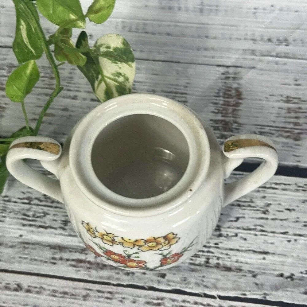 Vintage Hall's Orange Poppy Sugar Bowl & Lid Porcelain with Gold Trim